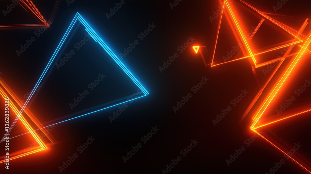 Poster abstract dark background with neon blue and orange triangle outline in perspective view