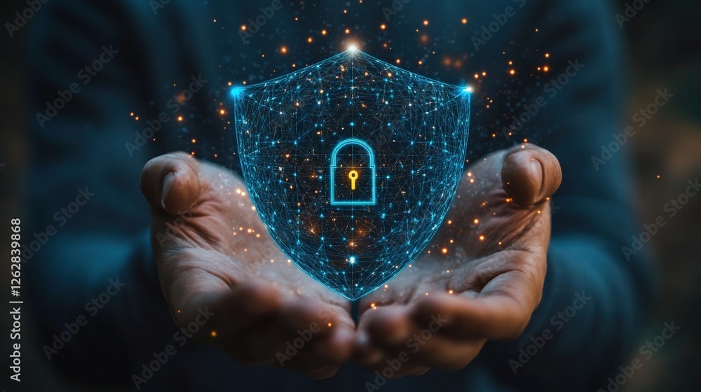 Aufkleber a person holds a glowing digital shield with a lock symbol, representing cybersecurity and data prot
