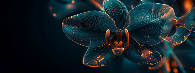 Orchid line art wallpaper in dark teal and copper on a deep blue background.