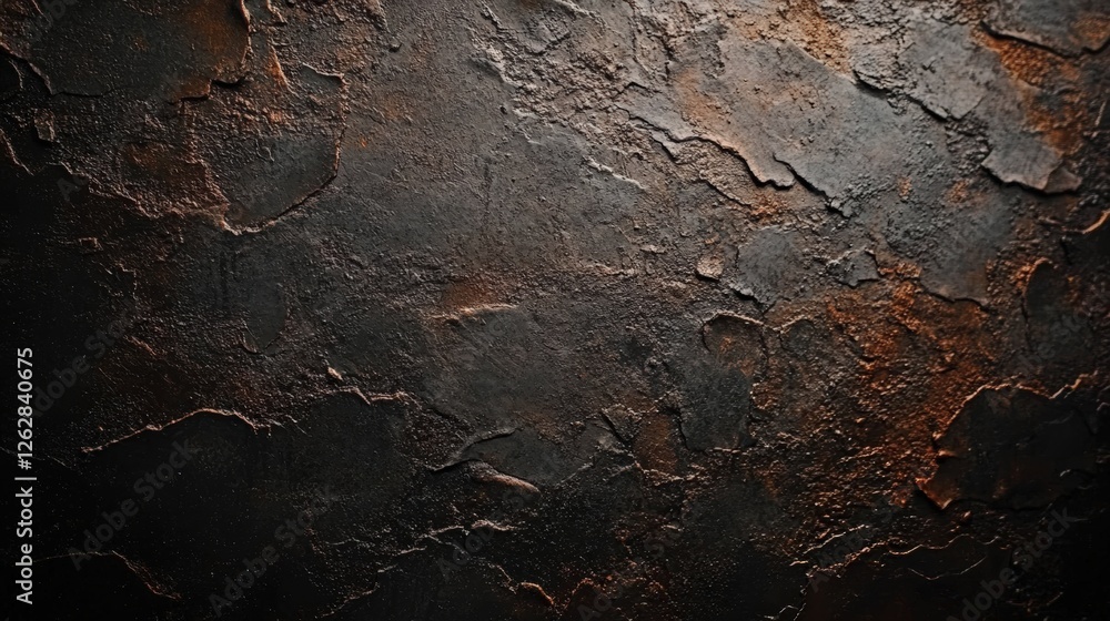 Poster a textured, dark surface with patches of rust and uneven layers, creating an industrial and weathere