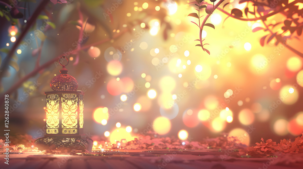 Poster a beautifully illuminated lantern surrounded by soft bokeh lights in a serene garden setting