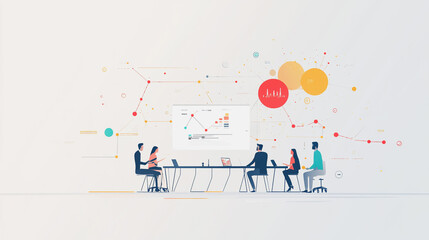 Professional business team working on a project together in the office Using economic growth charts and network connections to accompany the data. in Innovation analyzing future trends	