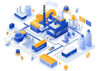Isometric vector illustration depicting a modern industrial factory and processes