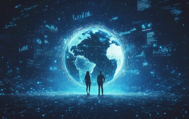 Two professionals analyze global digital data in a futuristic technology environment