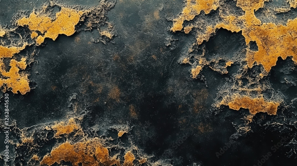 Poster a textured surface featuring dark tones with striking gold and rust patterns, evoking a sense of age