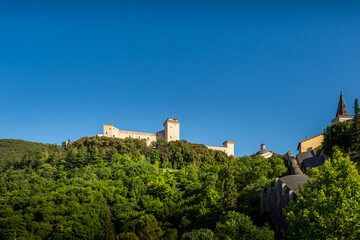 Spoleto, Ponte delle Torri roman bridge and Rocca Albornoziana medieval fortress. Umbria region, Italy, Europe.