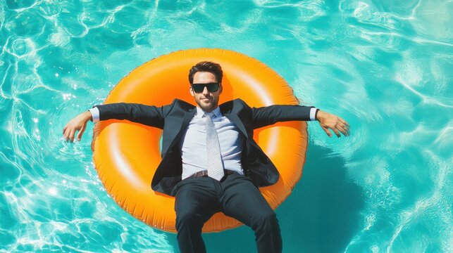 Successful businessman relaxing on orange inflatable pool float, enjoying summer vacation by the pool