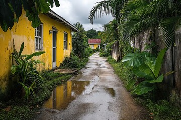 Obraz premium A photo of the narrow street in a village on Gentleman Island, tropical plants and trees line both sides