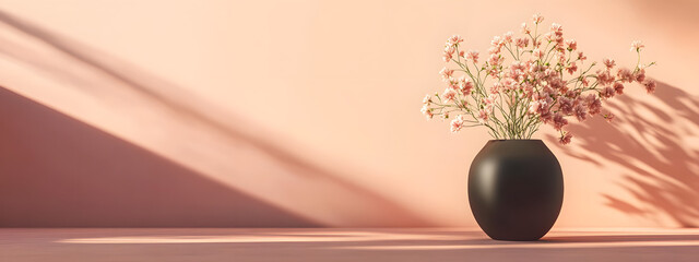 Minimalist interior design with a vase and shadows on an orange wall
