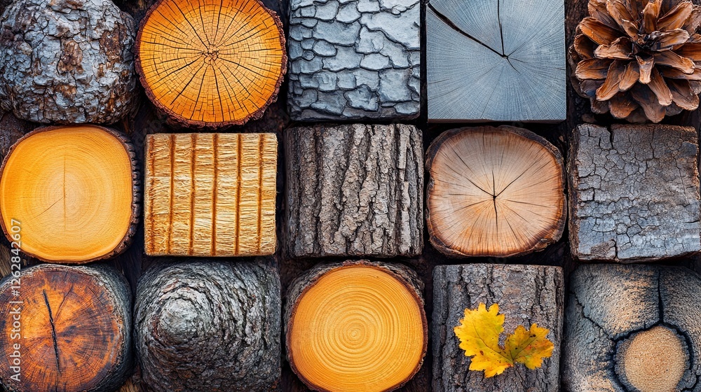 Aufkleber wood slices and patterns displayed in an artistic arrangement showcasing diverse textures and colors