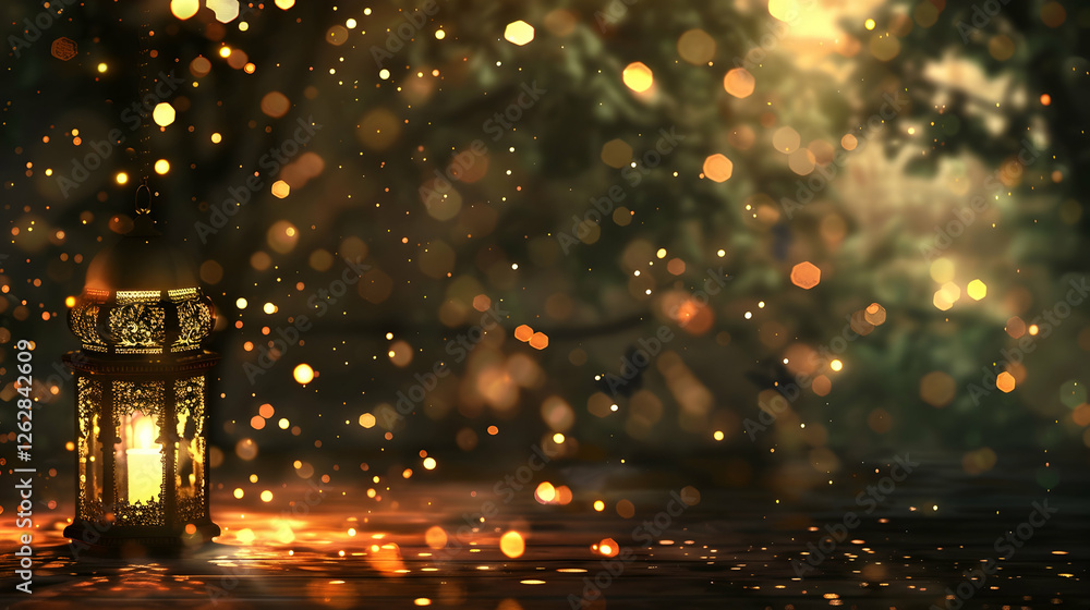 Aufkleber glowing lantern illuminating a magical forest scene with sparkling bokeh effects and soft light