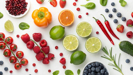 "Vibrant Collage of Fresh Fruits & Vegetables – A Colorful Feast on White Background"

