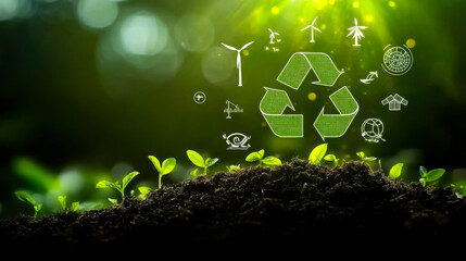 Tree growing on soil and environmentally friendly energy icons. earth day concept renewable energy to generate electricity