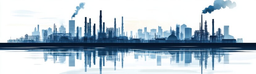 Obraz premium Silhouette of industrial cityscape reflected in water with smoke rising