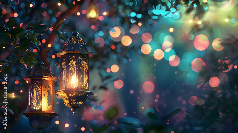 Poster enchanted evening scene with glowing lanterns surrounded by colorful bokeh lights and foliage