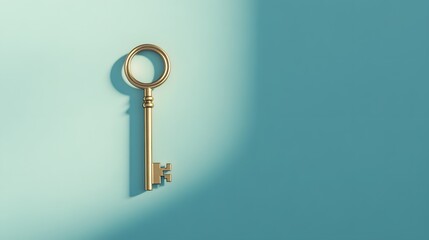 Golden Key on Soft Blue Background for Creative Design Purposes