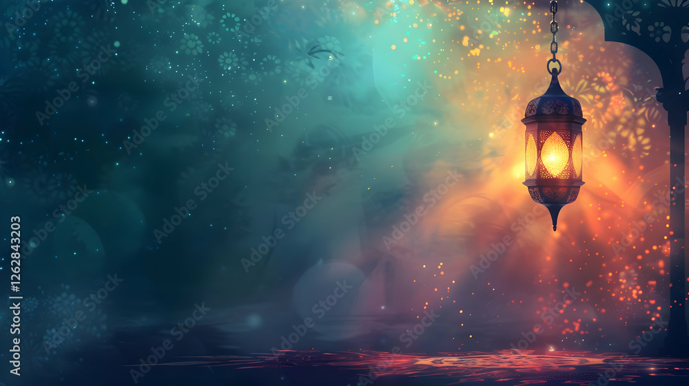 Poster enchanted lantern illuminating a mystical night scene with colorful bokeh and soft glow