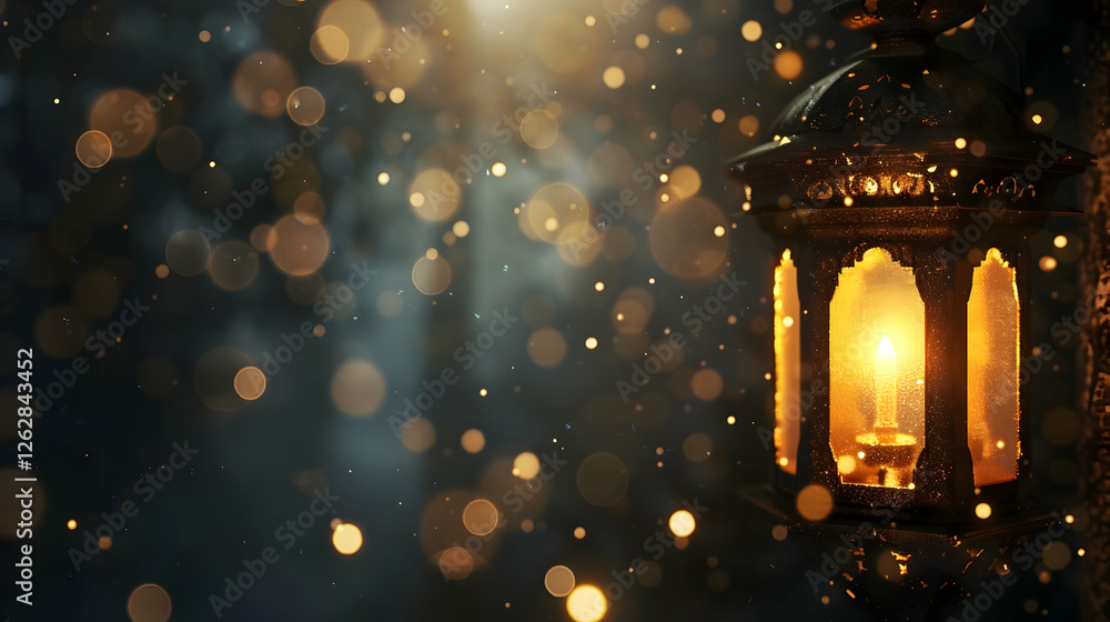 Aufkleber a glowing lantern illuminating a dark forest with sparkling bokeh lights in the background