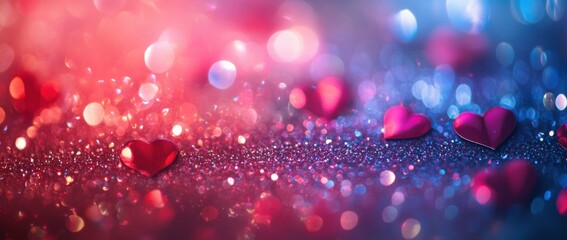 Abstract background with a glittering red heart on colorful bokeh lights, with space for a Valentine's Day greeting card design.