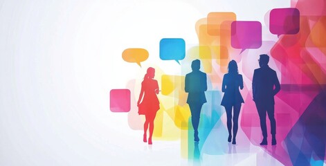 Team discussion with colorful speech bubbles and vibrant background silhouettes