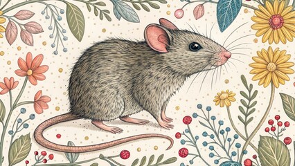 Whimsical Baby Rat Line Art: Hand-Drawn Illustration, Cute Rodent, Fantasy Background, Painted Details, Adorable Animal Art