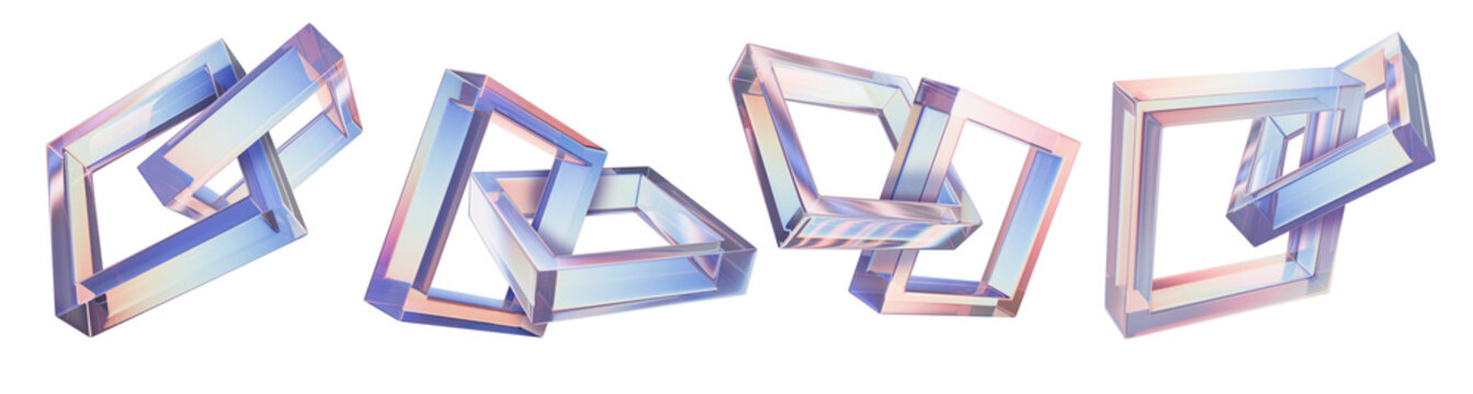 3D glass square chain set, transparent gradient geometric shape, purple plastic rectangle frame. Acrylic futuristic figure angles, flying holographic design object collection. 3D square chain icon
