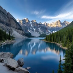 Fototapeta premium A serene mountain lake surrounded by lush trees and towering peaks, reflecting a clear blue sky.