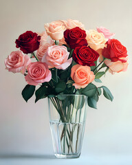 Vibrant Roses in Glass Vase with Pastel Background, rose painting, vibrant flowers, floral art, glass vase, pastel backdrop, red roses, blush pink roses, floral bouquet, generative ai