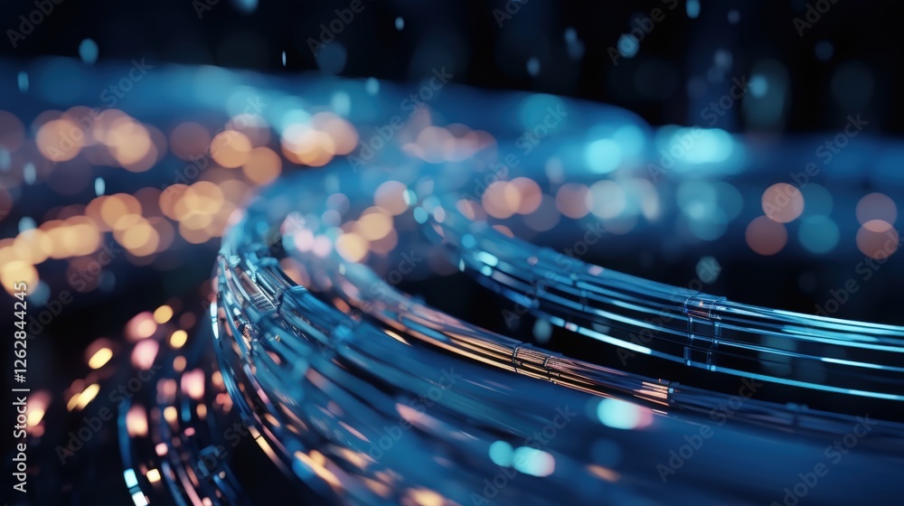 Poster an abstract image featuring flowing blue waves interspersed with glowing particles, creating a sense