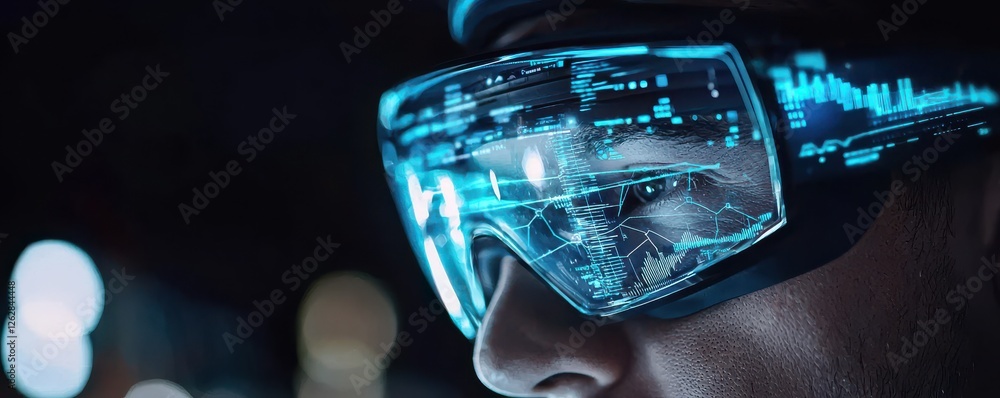 Aufkleber a close-up view of a person wearing futuristic augmented reality glasses displaying digital informat