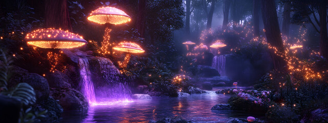 Fototapeta premium Fantasy photography of glowing mushrooms on the side of an enchanted forest stream 