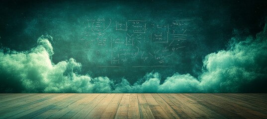 Abstract Background With Green Smoke And Vintage Chalkboard Covered In Mathematical Equations