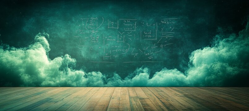 Abstract Background With Green Smoke And Vintage Chalkboard Covered In Mathematical Equations