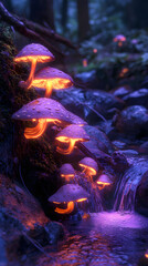 Fototapeta premium Fantasy photography of glowing mushrooms on the side of an enchanted forest stream 