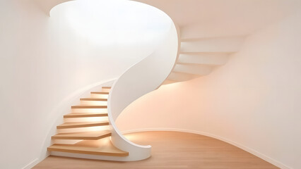 Naklejka premium The interior design showcases a wooden spiral staircase in the house, bathed in light from a nearby window
