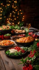 Fototapeta premium A beautifully arranged festive dining table with various dishes, vibrant decorations, and warm lighting, perfect for holiday celebrations.