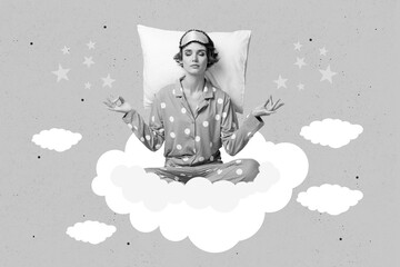 Photo cartoon comics sketch collage picture of dreamy happy lady enjoying yoga before going bed...