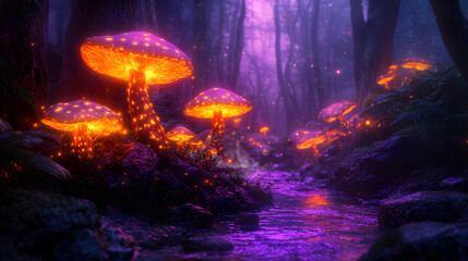 Fototapeta premium Fantasy photography of glowing mushrooms on the side of an enchanted forest stream 
