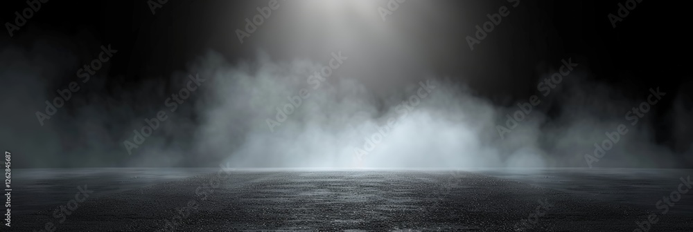 Poster a dramatic scene featuring a dark background with a misty haze and soft lighting, creating an atmosp