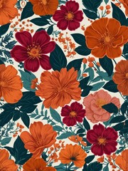 A seamless floral pattern featuring vibrant cherry blossoms, lush green leaves, and delicate birds, creating an elegant and timeless design in rich red and pink tones.