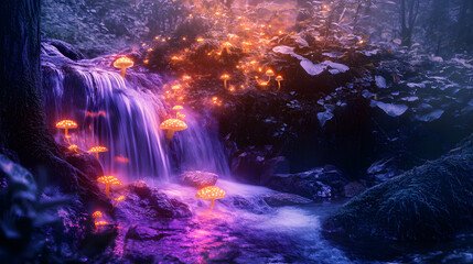 Fototapeta premium Fantasy photography of glowing mushrooms on the side of an enchanted forest stream 