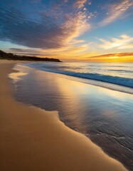 A serene beach at sunset with golden sand, gentle waves, and a colorful sky reflecting on the water, creating a peaceful atmosphere.