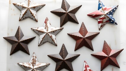 Obraz premium Isolated translucent background with worn vintage patriotic décor pieces and rustic metal stars 