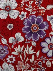 A seamless floral pattern featuring vibrant cherry blossoms, lush green leaves, and delicate birds, creating an elegant and timeless design in rich red and pink tones.