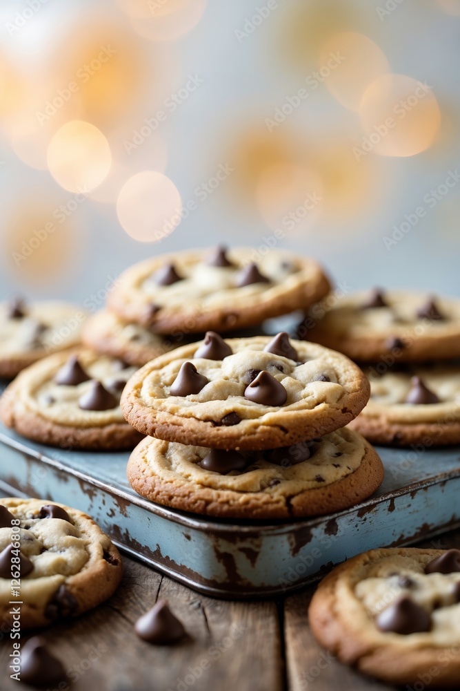 Poster freshly baked chocolate chip cookies stacked on a rustic plate with soft bokeh background