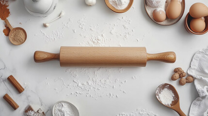 Classic Wooden Rolling Pin on a White Background, Kitchen Tool for Baking and Cooking
