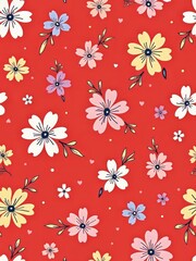 A seamless floral pattern featuring vibrant cherry blossoms, lush green leaves, and delicate birds, creating an elegant and timeless design in rich red and pink tones.