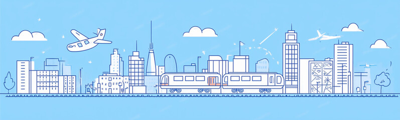 Fototapeta premium White line art illustration of a city skyline with detailed buildings.