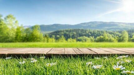 Fototapeta premium Scenic mountain vista wooden planks pathway through verdant grass landscape