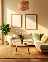 Fototapeta premium two frames wall art mockup modern living room with fireplace